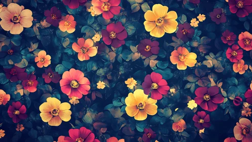 Layered Floral Composition with Yellow, Pink, and Deep Teal Tones