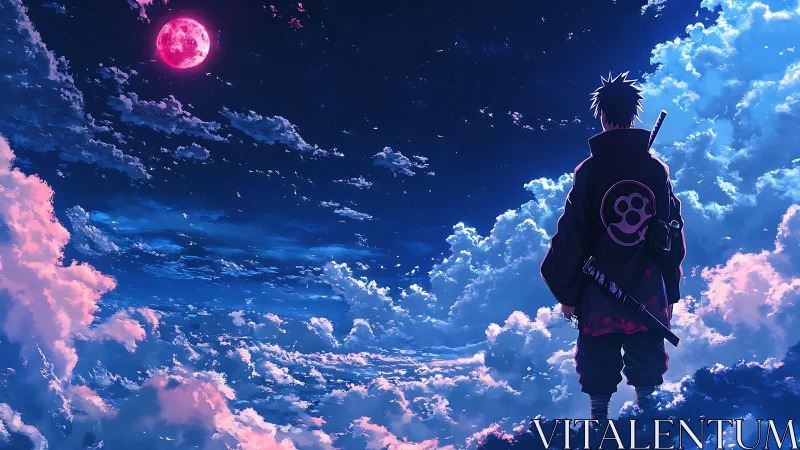 Skybound ronin gazes at neon-pink moon above cloud seas.