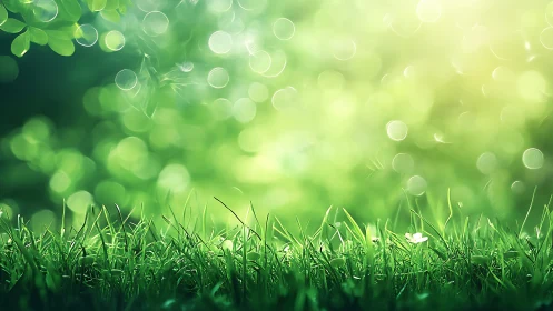 Lush green grass with bokeh sunlight in dreamy nature style.