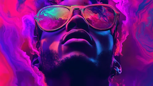 Neon portrait with reflective sunglasses and vapor glow.