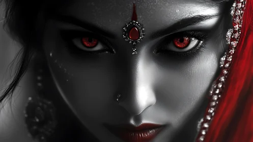 Monochrome portrait isolates red eyes and jeweled forehead bindi