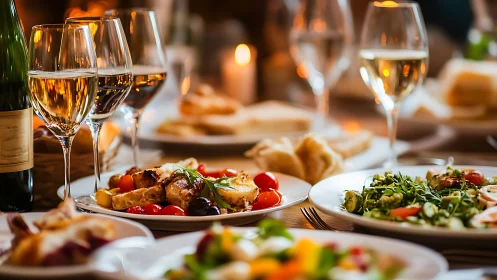 Elegant dinner table with wine glasses and plated dishes.