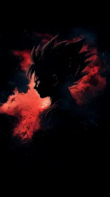 Brooding anime warrior in fiery red silhouette profile.