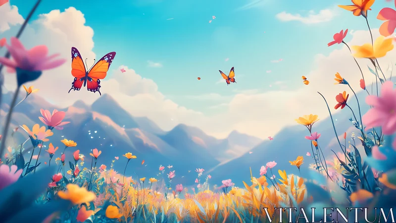 Ethereal meadow blooms with vibrant butterflies dancing through sky.