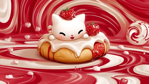 Whimsical Cat Pastry in Red Swirls.