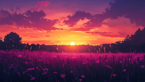 Sunset glow over a peaceful wildflower meadow at dusk.