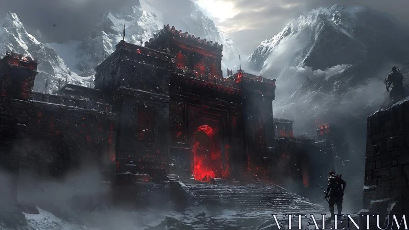 Storm-lit mountain fortress glowing with ominous red fire.