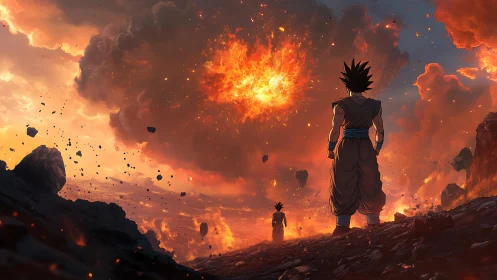 Saiyan silhouettes under apocalyptic emberstorm sky.