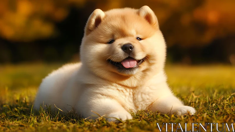 Fluffy chow chow puppy resting on sunlit grassy field