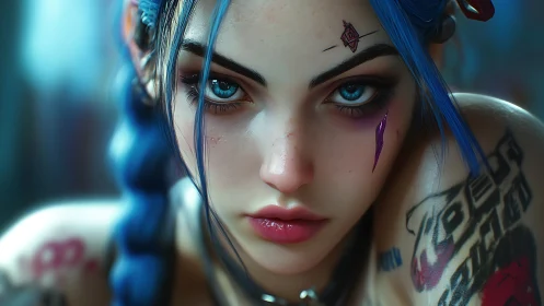 Intense blue haired rebel stares forward in neon calm.