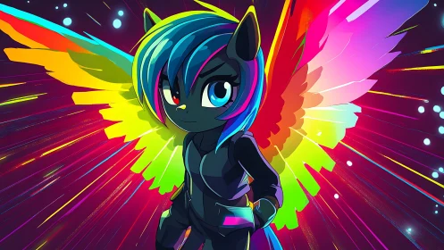 Neon pegasus hero spreads radiant rainbow wings with pride