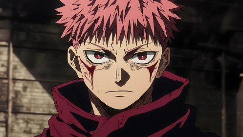 Battle-worn pink haired anime fighter in maroon cloak, close-up