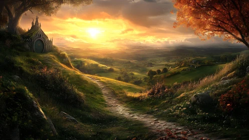 Sunlit fantasy valley with hilltop sanctuary at dusk.