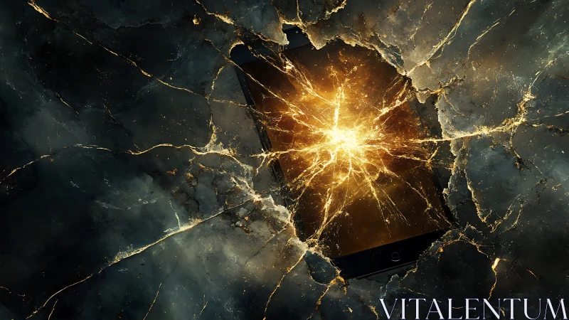 Shattered smartphone igniting with golden energy burst.