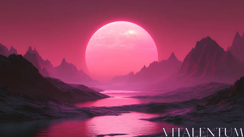 Stellar-scale magenta sun over crystalline alien fjord basin