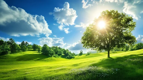 Sunlit tree on rolling green hills under scattered clouds.