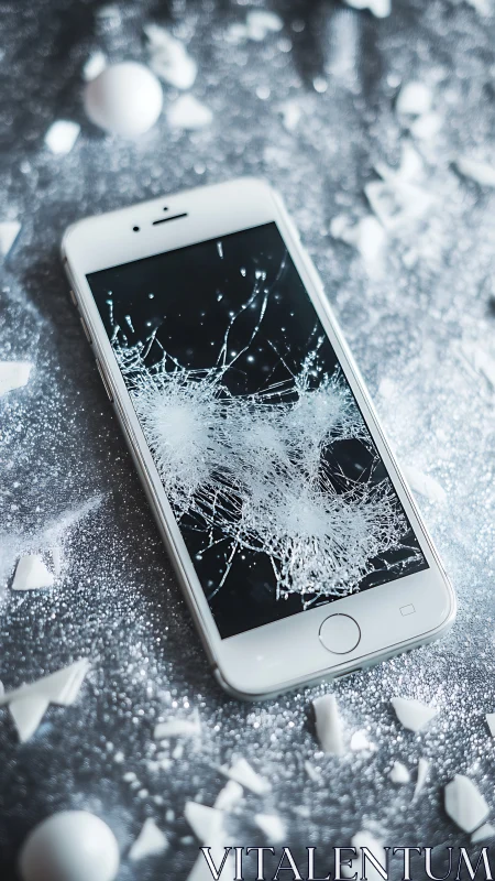 High-key product shot of a shattered smartphone screen on foil.
