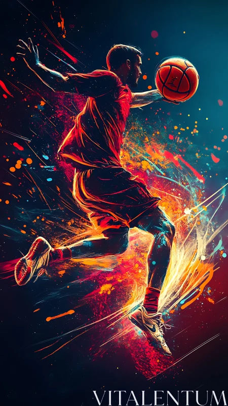 Explosive basketball dunk freezes motion in neon color streaks