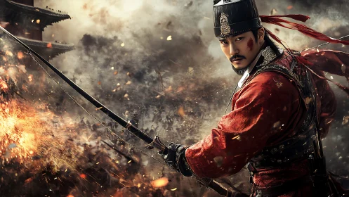 Scarlet warlord carves fire through a storm of steel.