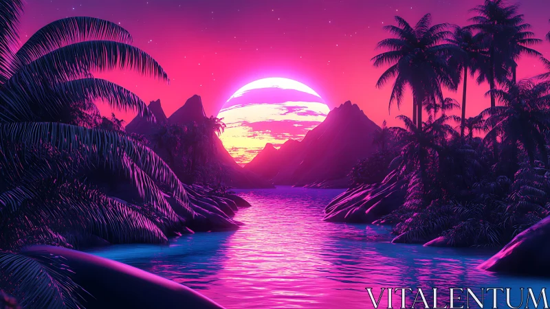 Digital tropical bay scene depicts stylized neon sunset