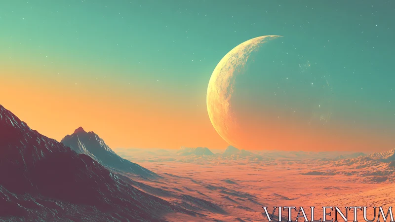 Distant planet over desert plateau with layered mountains horizon.