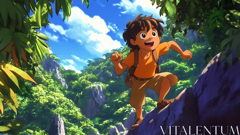 Joyful young explorer climbing through sunlit jungle cliffs.