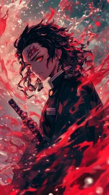 Sword-wielding anime warrior channels dynamic crimson energy