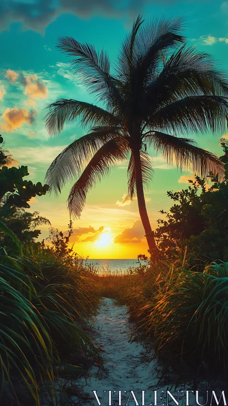 Golden sunset path leads through palms to a tranquil sea