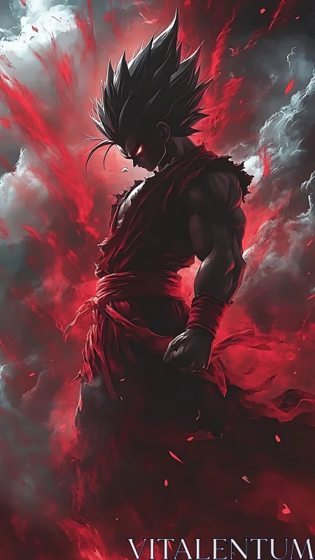 Dark anime warrior ignites with crimson power amid storm clouds