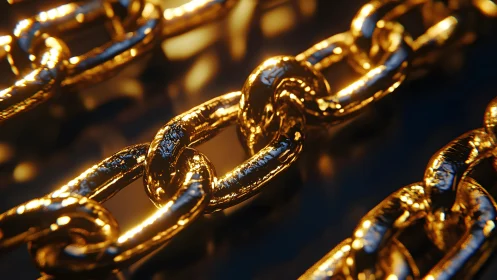 Shiny golden metal chain links in dramatic close-up macro view.