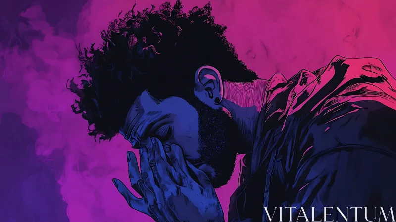 Neon-lit profile portrait isolates pensive male figure in tension