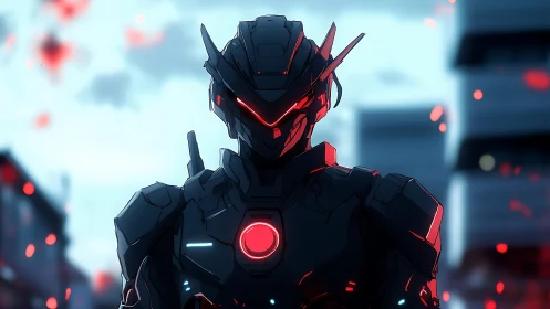 Cybernetic combat exosuit with red neon core in urban dusk.