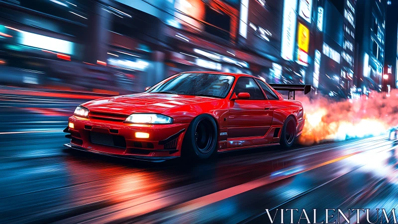 Red sports coupe on wet neon city street at speed.