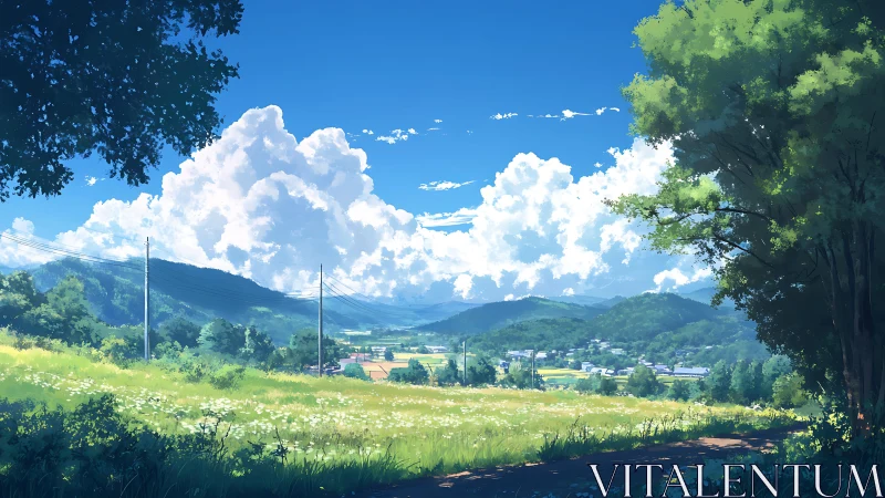 Sunny countryside meadow opening to soft distant mountains.