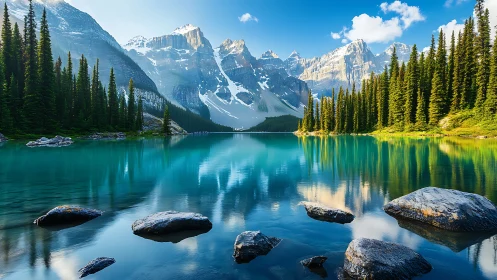 Crystal lake mirroring alpine peaks and evergreen forest panorama.