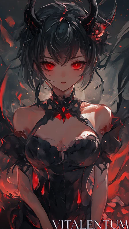 Dark horned demon girl radiates fiery, otherworldly power