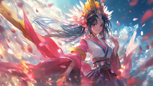 Radiant sky dancer smiles softly amid swirling flower petals