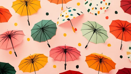 Graphic overhead array of colorful umbrellas on pastel field.