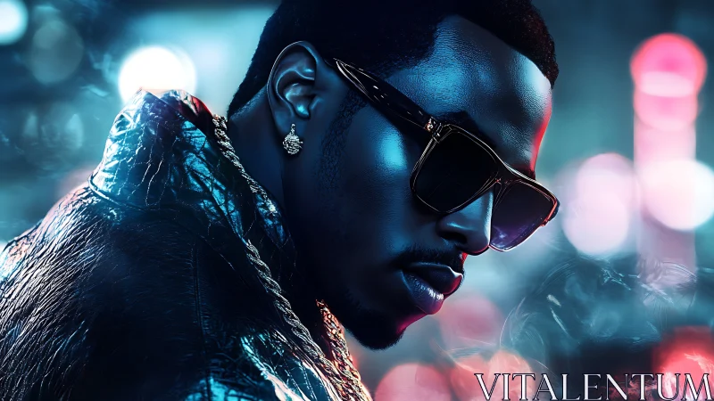 Stylized portrait of man in sunglasses at night city.