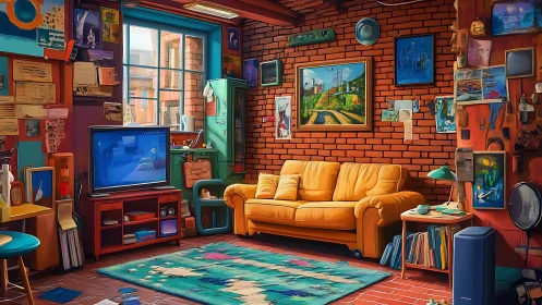 Highly saturated brick loft living room with eclectic analog media wall