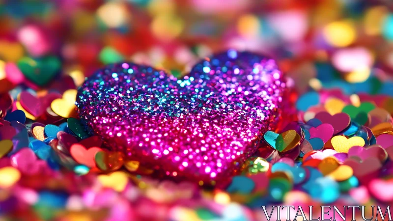 Glittering magenta heart resting in multicolor confetti field.