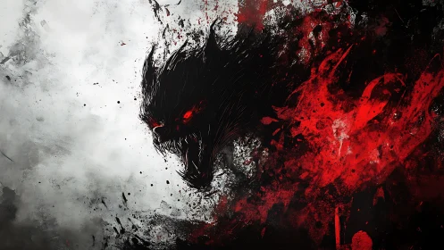 Howling demon wolf erupts from chaotic red and black void
