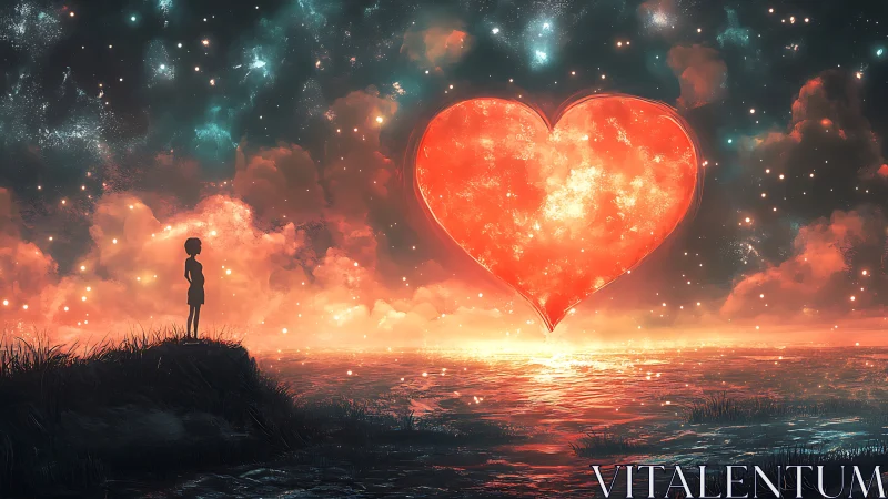 Silhouetted figure gazing at glowing heart-shaped celestial body