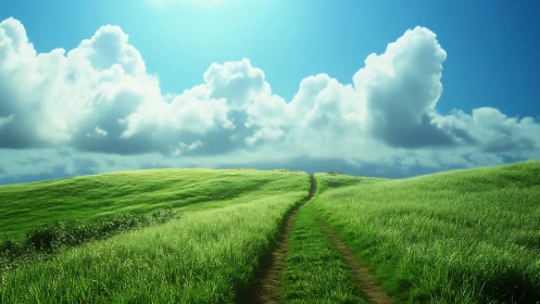 Grassy hillside path under volumetric cumulus cloud field at noon