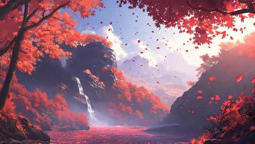 Crimson waterfall valley glowing with gentle autumn light.