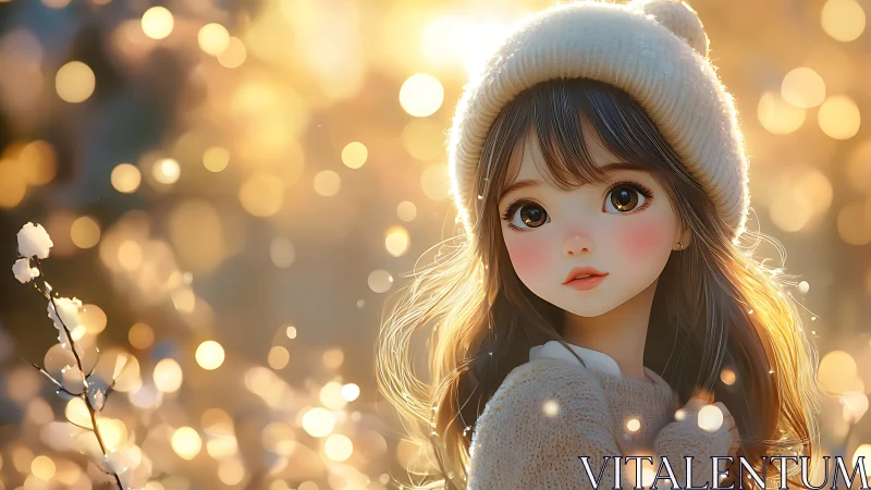 Backlit winter portrait of stylized girl in soft bokeh field