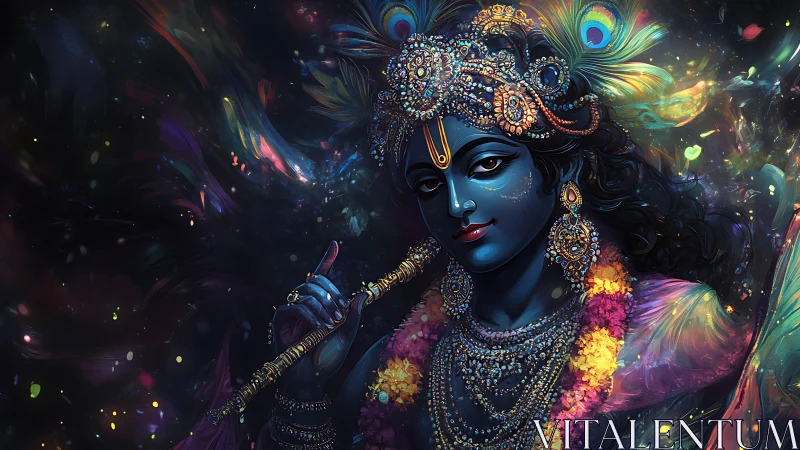 Blue-skinned divine musician with ornate jewelry and peacock motifs.