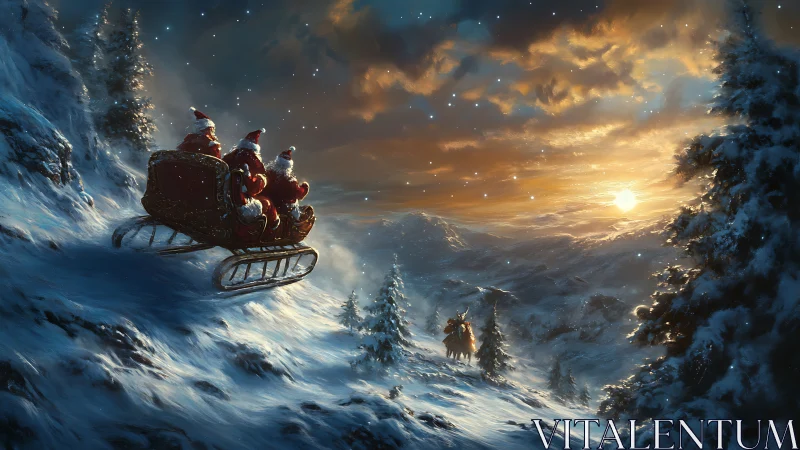 Three Santas race twilight across a glittering winter ridge