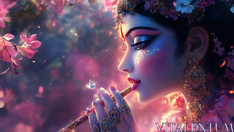 Enchanted flute player amid glowing blossoms and soft light.
