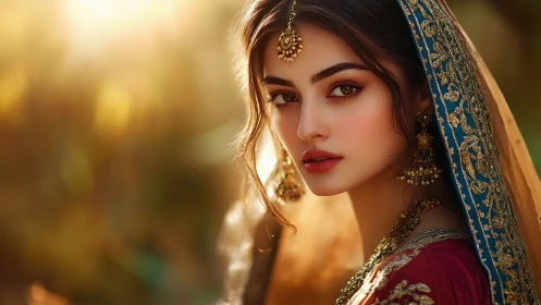 Golden-hour portrait of woman in ornate embroidered veil.
